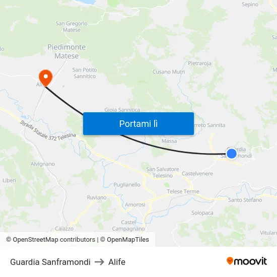 Guardia Sanframondi to Alife map