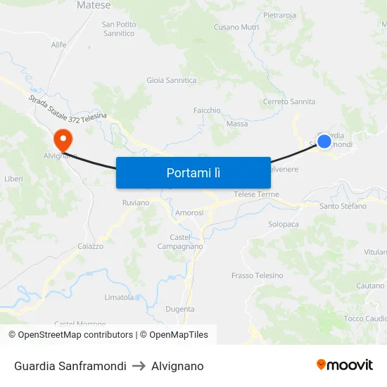 Guardia Sanframondi to Alvignano map
