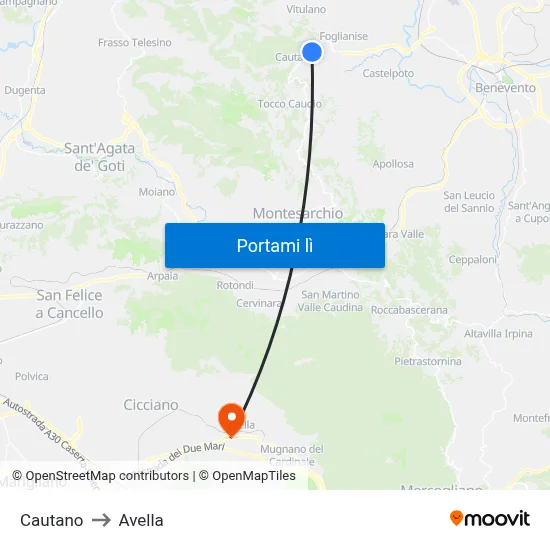 Cautano to Avella map