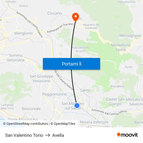 San Valentino Torio to Avella map