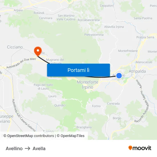 Avellino to Avella map