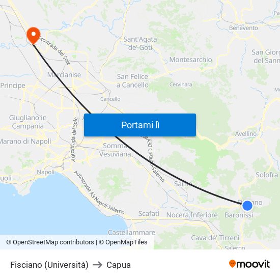 Fisciano (Università) to Capua map