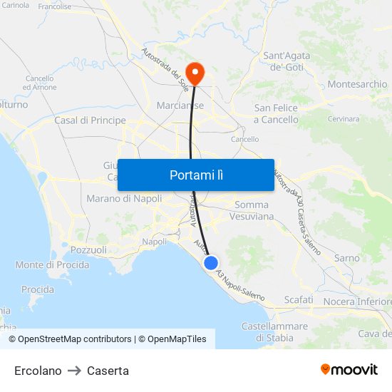 Ercolano to Caserta map