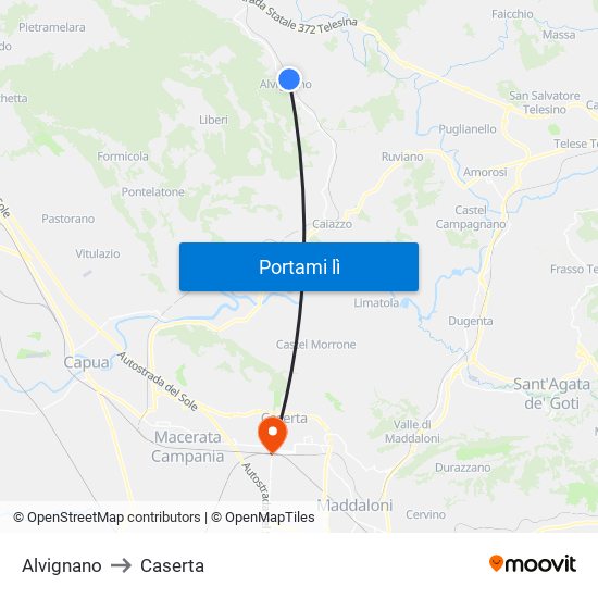 Alvignano to Caserta map