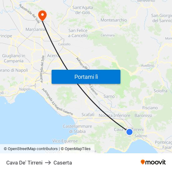 Cava De' Tirreni to Caserta map