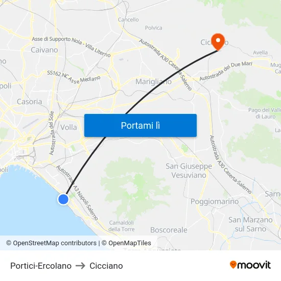 Portici-Ercolano to Cicciano map