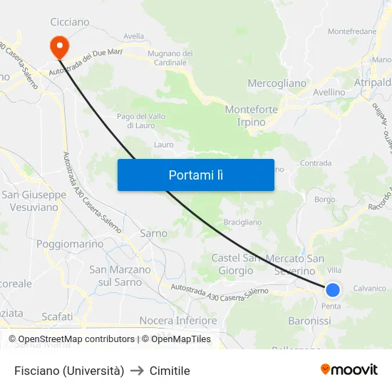 Fisciano (Università) to Cimitile map