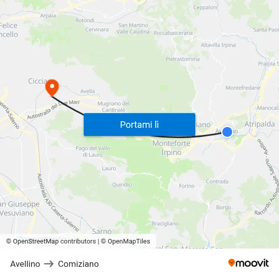 Avellino to Comiziano map