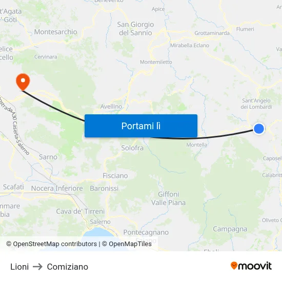 Lioni to Comiziano map