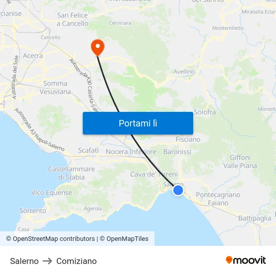 Salerno to Comiziano map