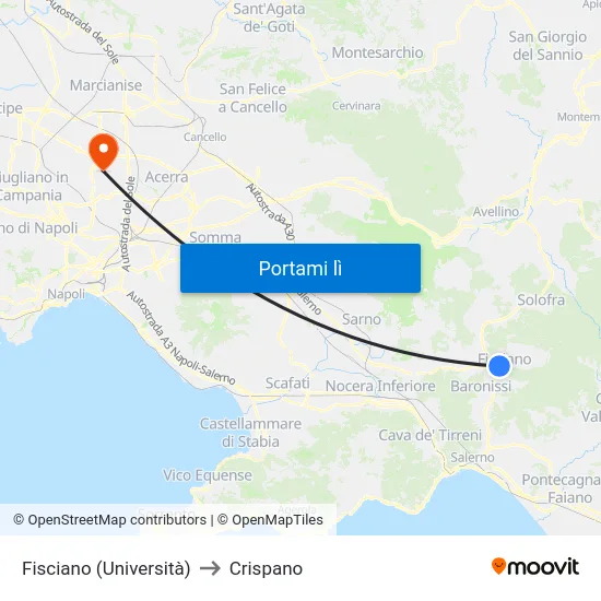 Fisciano (Università) to Crispano map