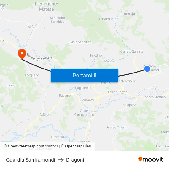 Guardia Sanframondi to Dragoni map