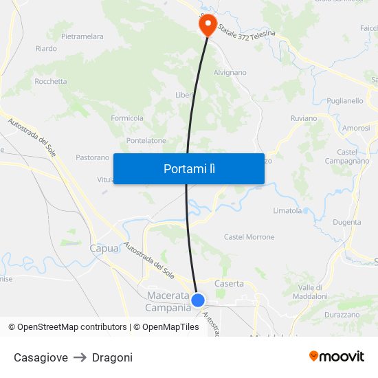 Casagiove to Dragoni map