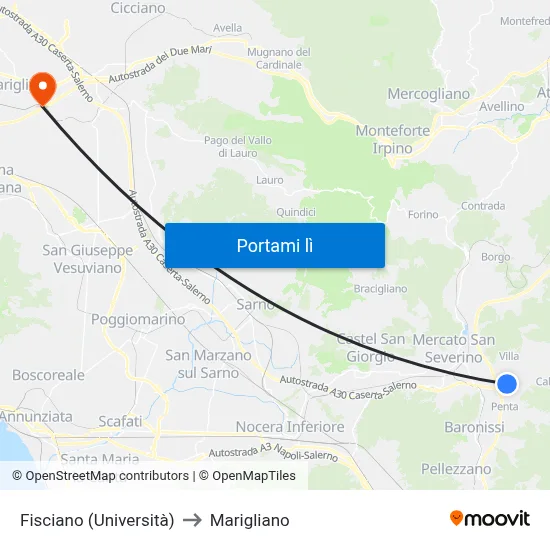 Fisciano (Università) to Marigliano map