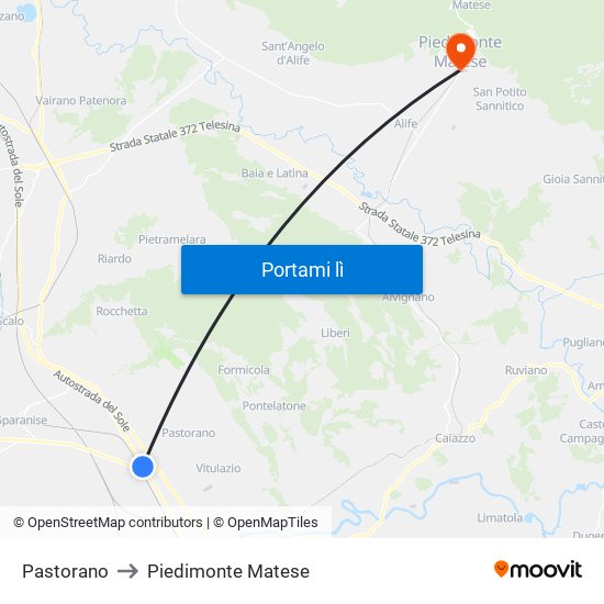 Pastorano to Piedimonte Matese map
