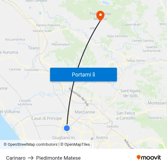 Carinaro to Piedimonte Matese map