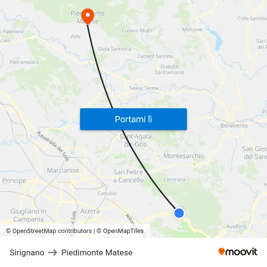 Sirignano to Piedimonte Matese map