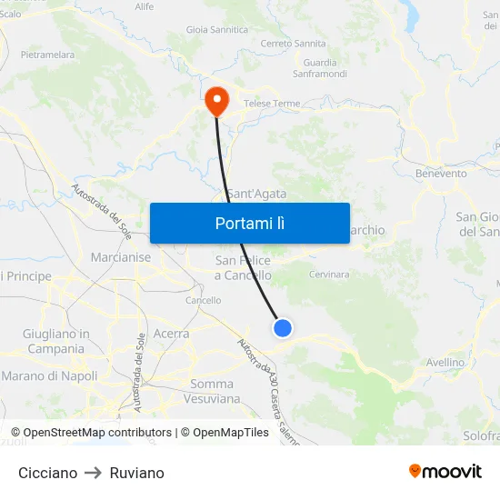 Cicciano to Ruviano map