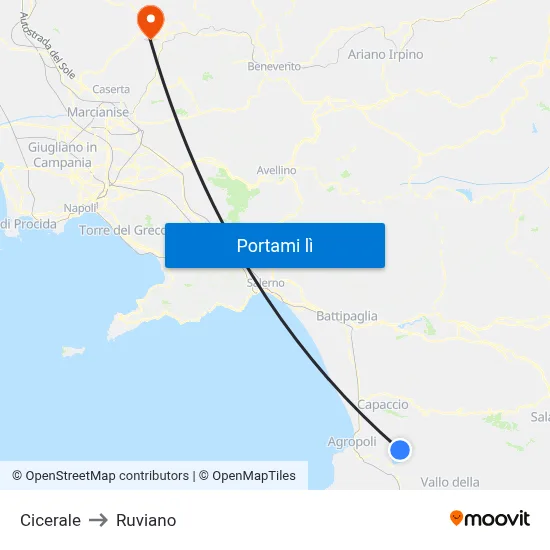 Cicerale to Ruviano map