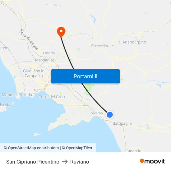 San Cipriano Picentino to Ruviano map
