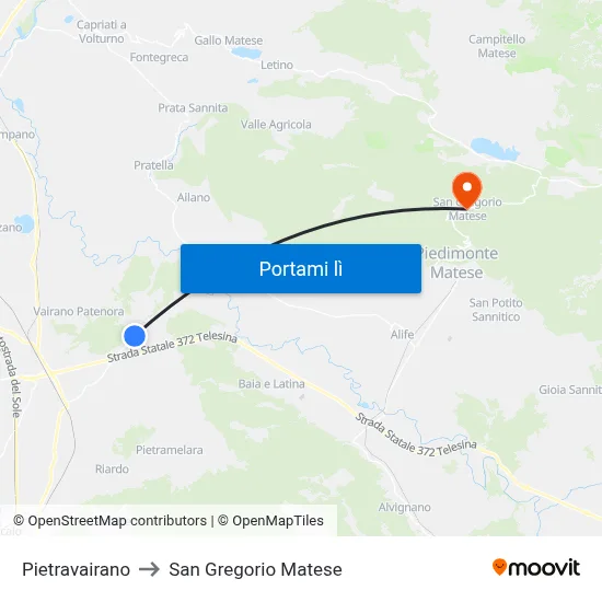 Pietravairano to San Gregorio Matese map