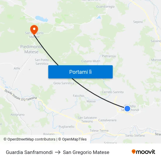 Guardia Sanframondi to San Gregorio Matese map