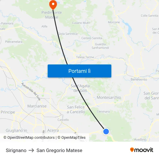 Sirignano to San Gregorio Matese map