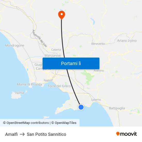 Amalfi to San Potito Sannitico map