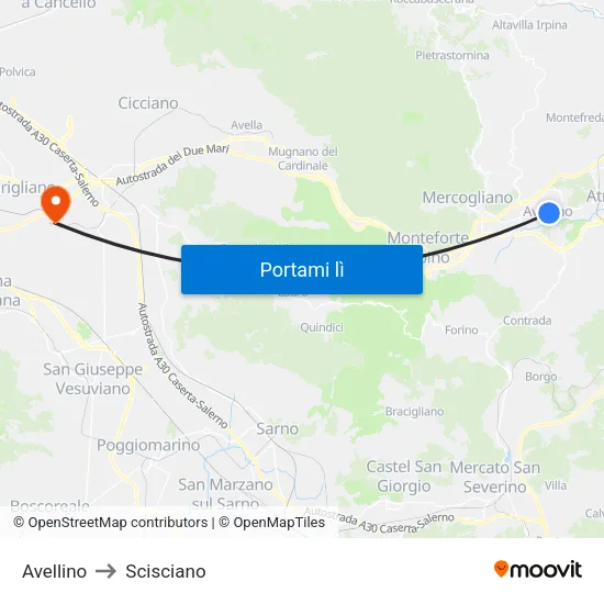 Avellino to Scisciano map