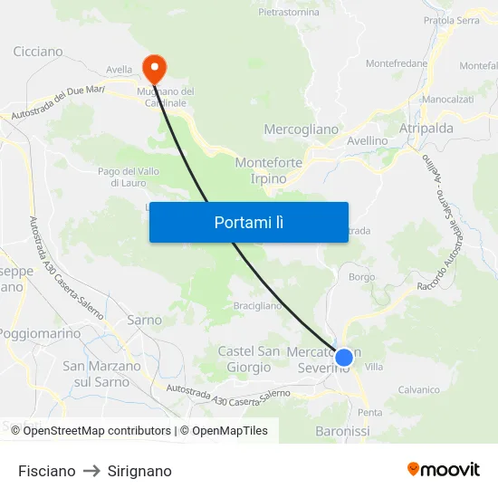 Fisciano to Sirignano map