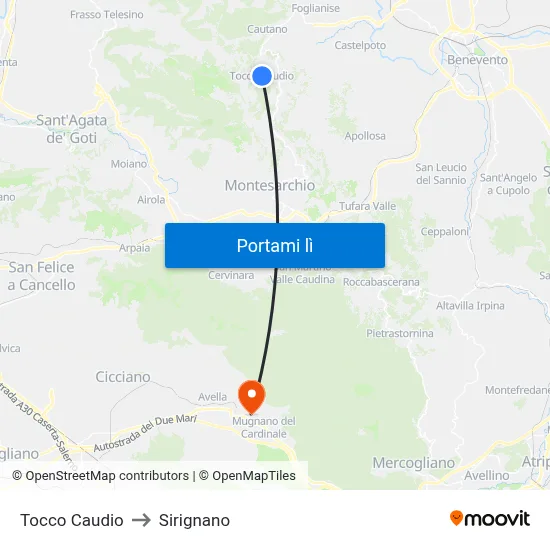 Tocco Caudio to Sirignano map