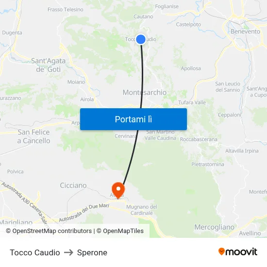 Tocco Caudio to Sperone map