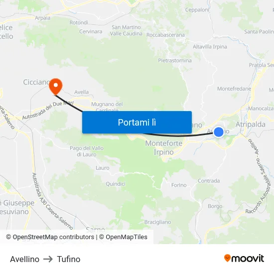 Avellino to Tufino map