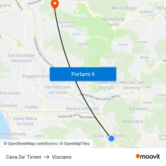 Cava De' Tirreni to Visciano map