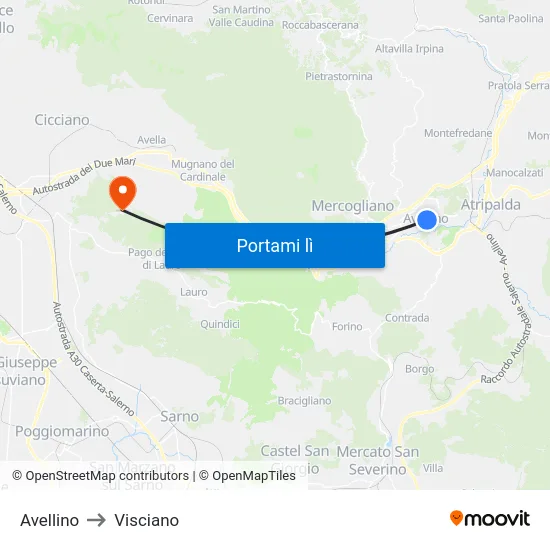 Avellino to Visciano map