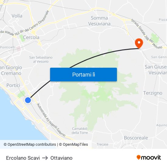 Ercolano Scavi to Ottaviano map