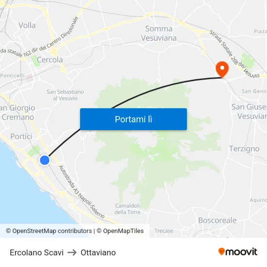 Ercolano Scavi Vesuvio to Ottaviano map