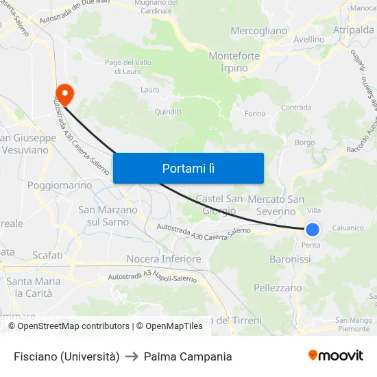 Fisciano (Università) to Palma Campania map