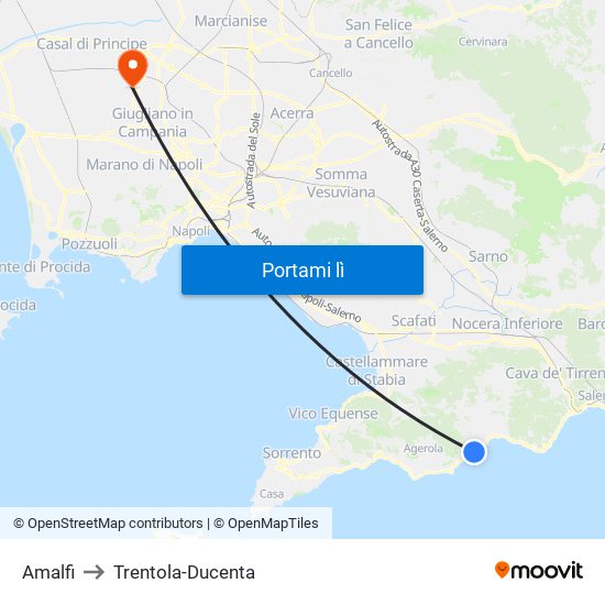 Amalfi to Trentola-Ducenta map