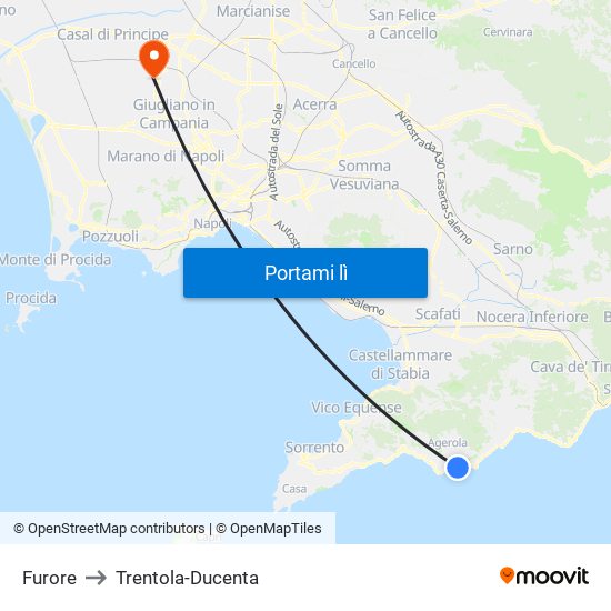 Furore to Trentola-Ducenta map