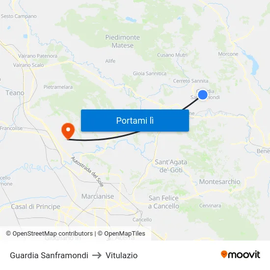 Guardia Sanframondi to Vitulazio map