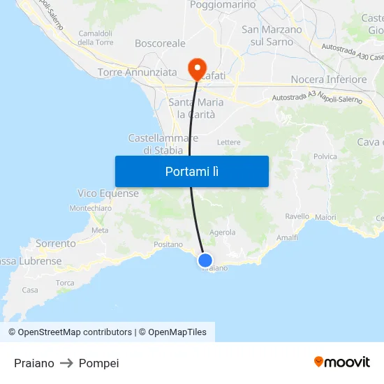 Praiano to Pompei map
