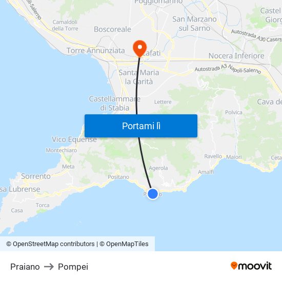 Praiano to Pompei map