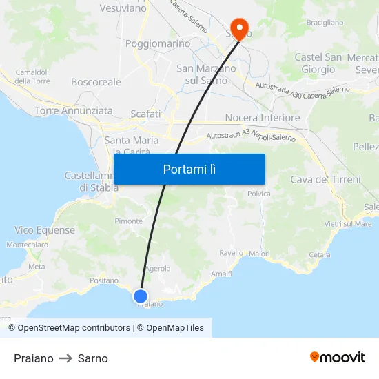 Praiano to Sarno map