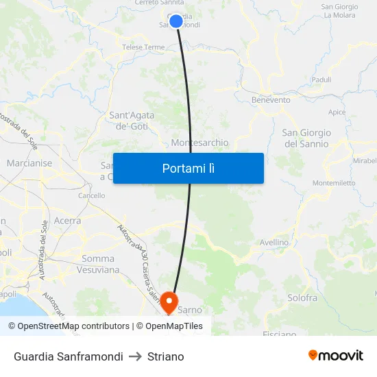 Guardia Sanframondi to Striano map