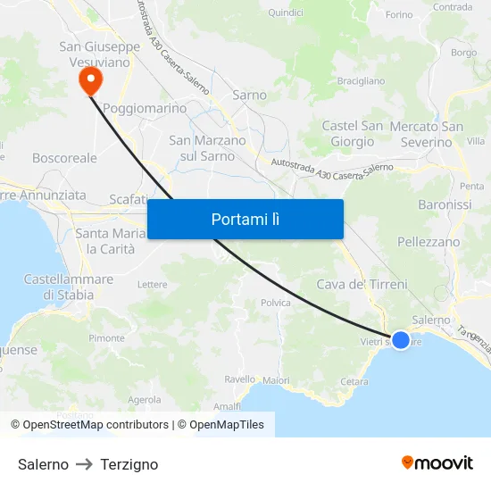 Salerno to Terzigno map