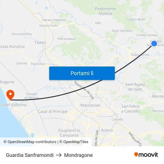 Guardia Sanframondi to Mondragone map
