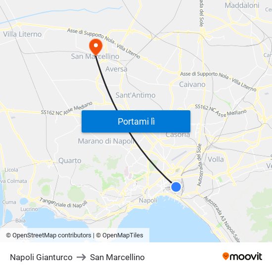 Napoli Gianturco to San Marcellino map