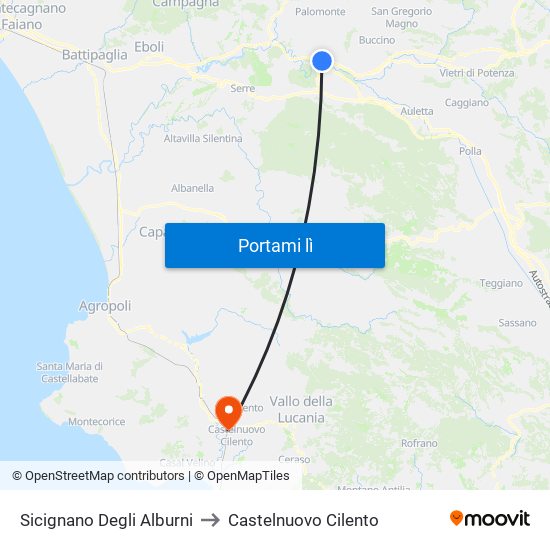 Sicignano Degli Alburni to Castelnuovo Cilento map