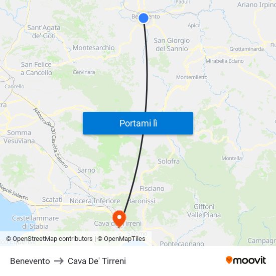 Benevento to Cava De' Tirreni map